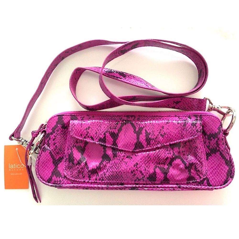🎉2HP🎉 LATICO Raven Leather Snake Clutch CrossBody Handbag Hot Pink Magenta NWT